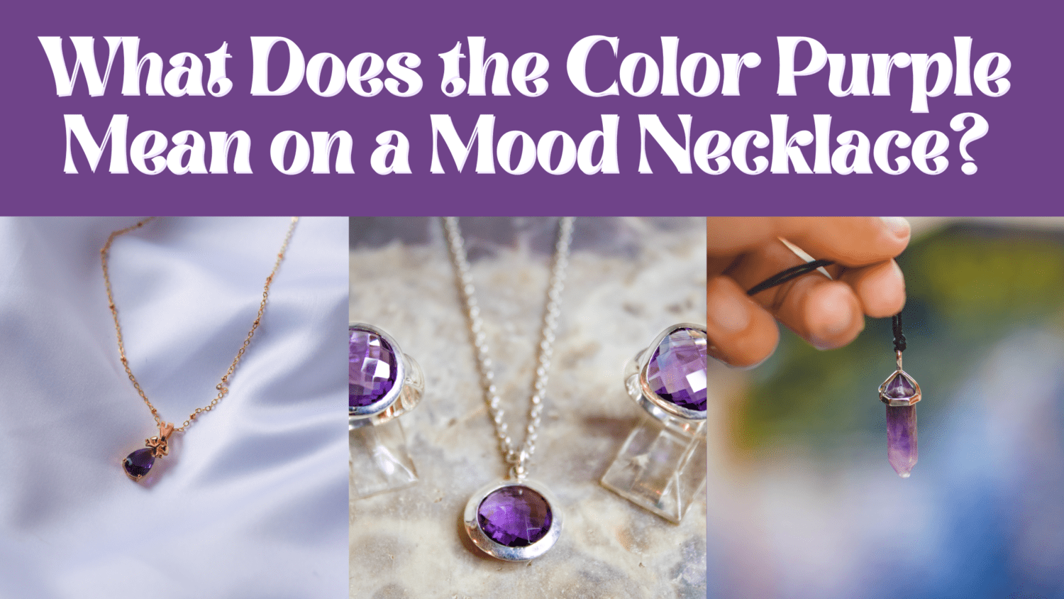 purple necklaces and purple earrings on a white fabric representing what does the color purple mean on a mood necklace, purple background