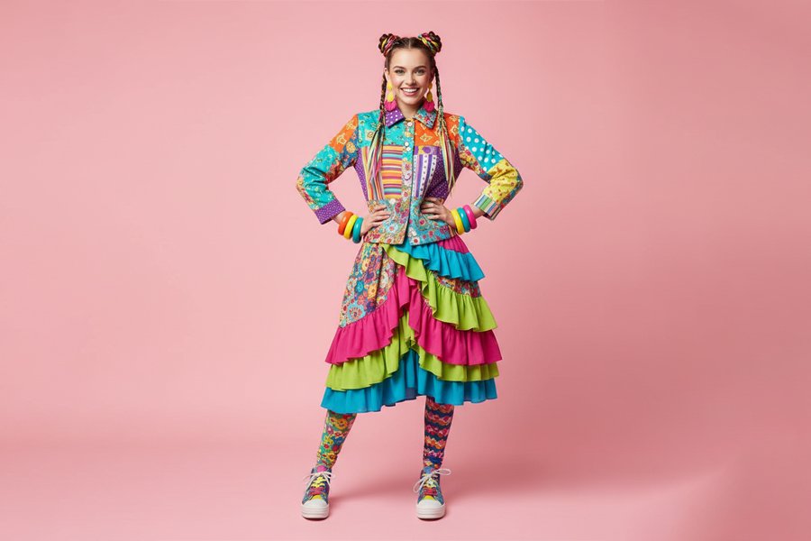 girl showing what is dopamine dressing and wearing neon yellow blouse, yellow striped pants and sunglasses, she is smiling widely, pink background