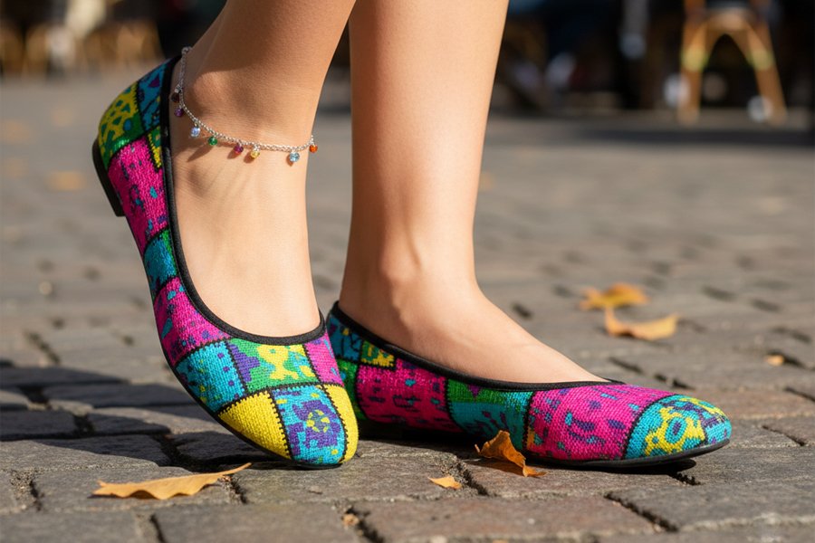 woman wearing colorful flats on brick road