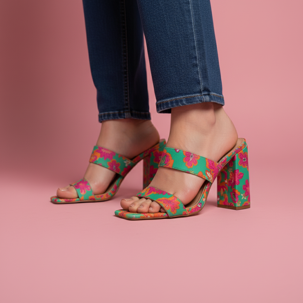 woman wearing colorful heels on pink floor