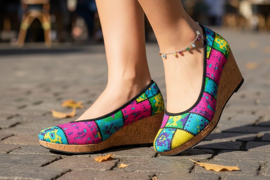 woman wearing colorful wedges on brick road